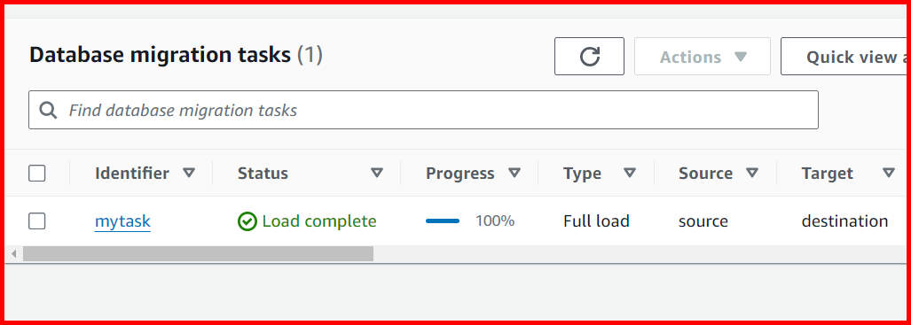 Picture showing the execution status of the database migration task